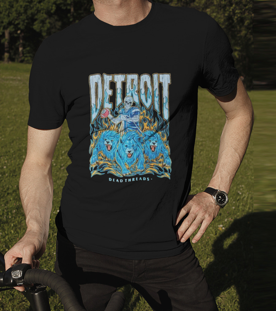Detroit Dead Threads Football Skeleton And Blue Lions T-Shirt