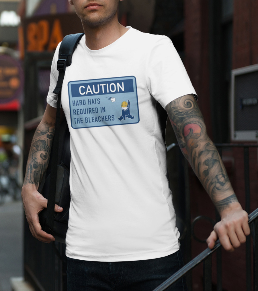 Caution: Hard Hats Required In The Bleachers With Cartoon Worker And Falling Object T-Shirt