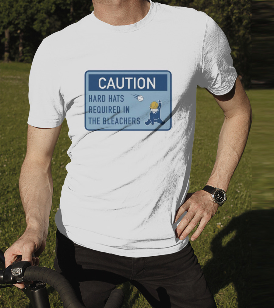 Caution: Hard Hats Required In The Bleachers With Cartoon Worker And Falling Object T-Shirt