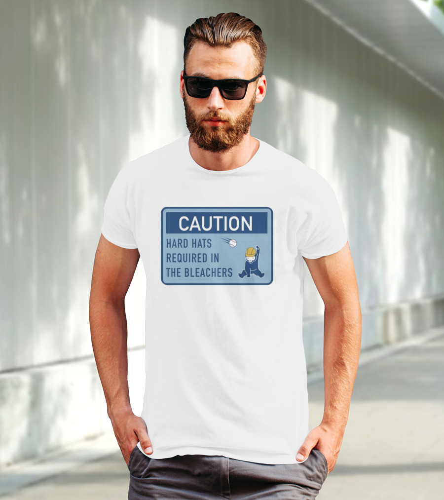 Caution: Hard Hats Required In The Bleachers With Cartoon Worker And Falling Object T-Shirt