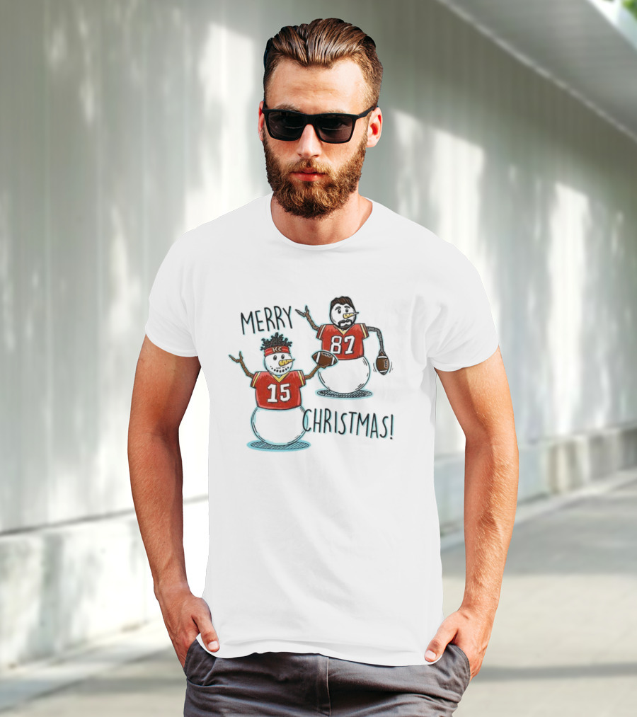 Merry Christmas Mahomes Snowman 15 And 87 Kansas City Football Chiefsmas T-Shirt