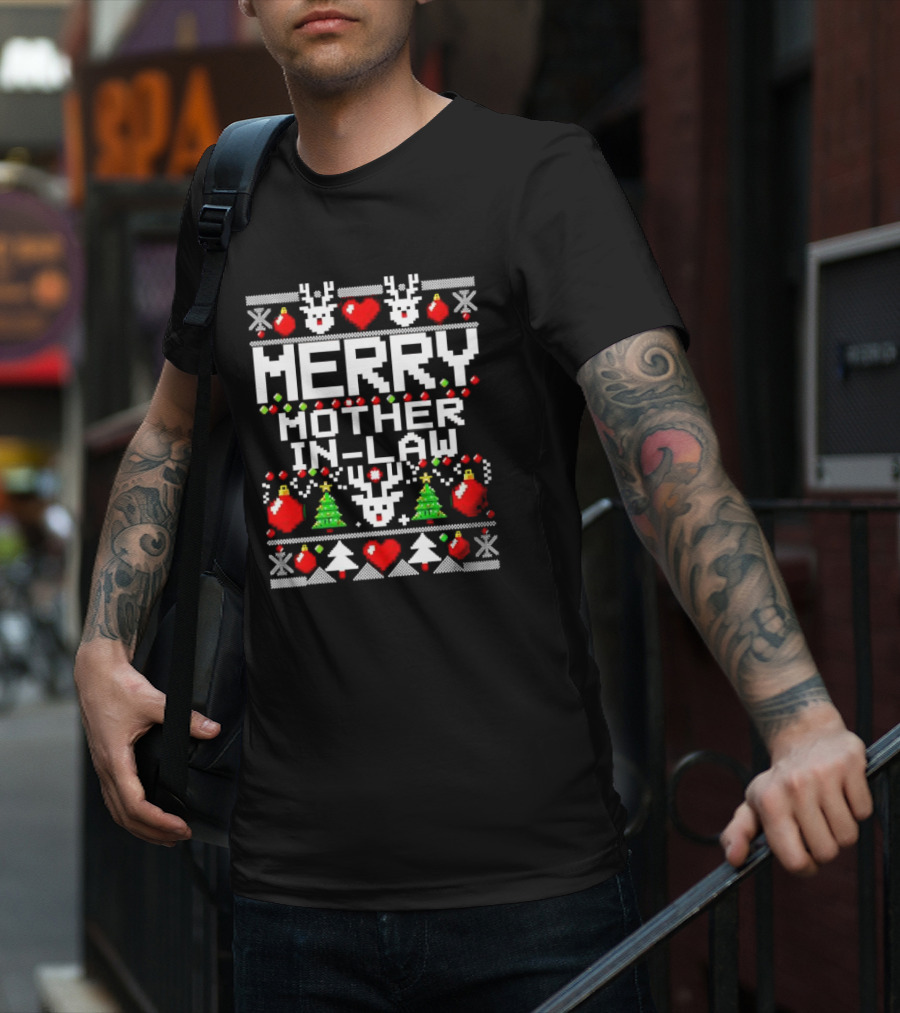 Merry Mother In-Law Christmas Sweater Reindeer Hearts Trees Ornaments T-Shirt