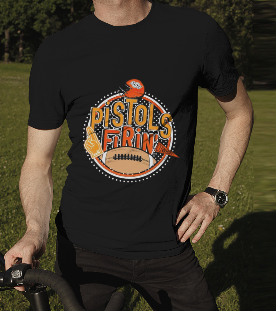 Pistols Firing OSU Cowboys Football Helmet And Foam Finger T-Shirt