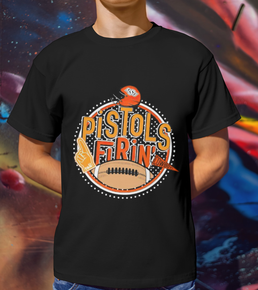 Pistols Firing OSU Cowboys Football Helmet And Foam Finger T-Shirt
