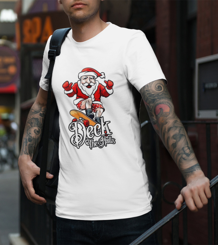 Skateboarding Santa Claus Deck The Halls Christmas Holiday Fun T-Shirt