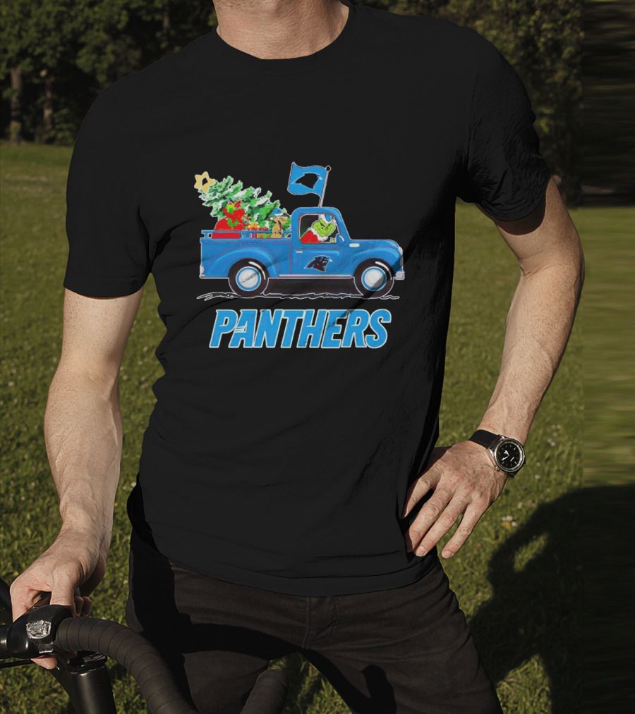 Grinch In Blue Christmas Truck With Carolina Panthers Logo And Tree T-Shirt