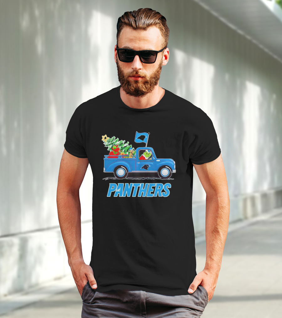Grinch In Blue Christmas Truck With Carolina Panthers Logo And Tree T-Shirt