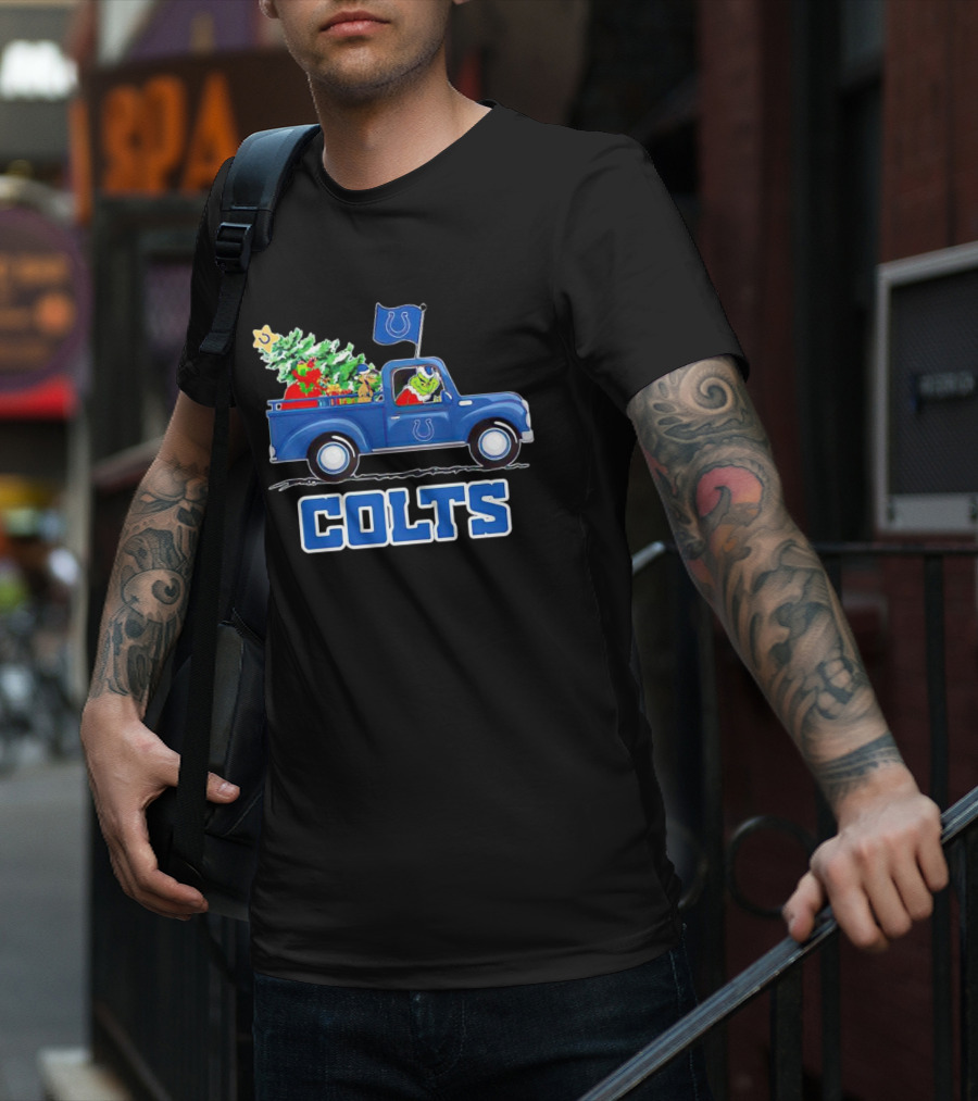 Grinch Driving Christmas Truck With Indianapolis Colts Logo And Tree T-Shirt