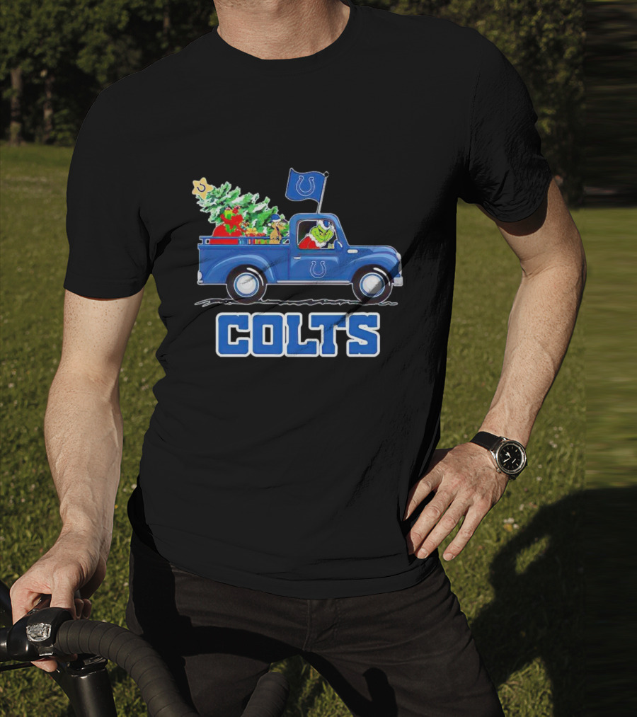 Grinch Driving Christmas Truck With Indianapolis Colts Logo And Tree T-Shirt