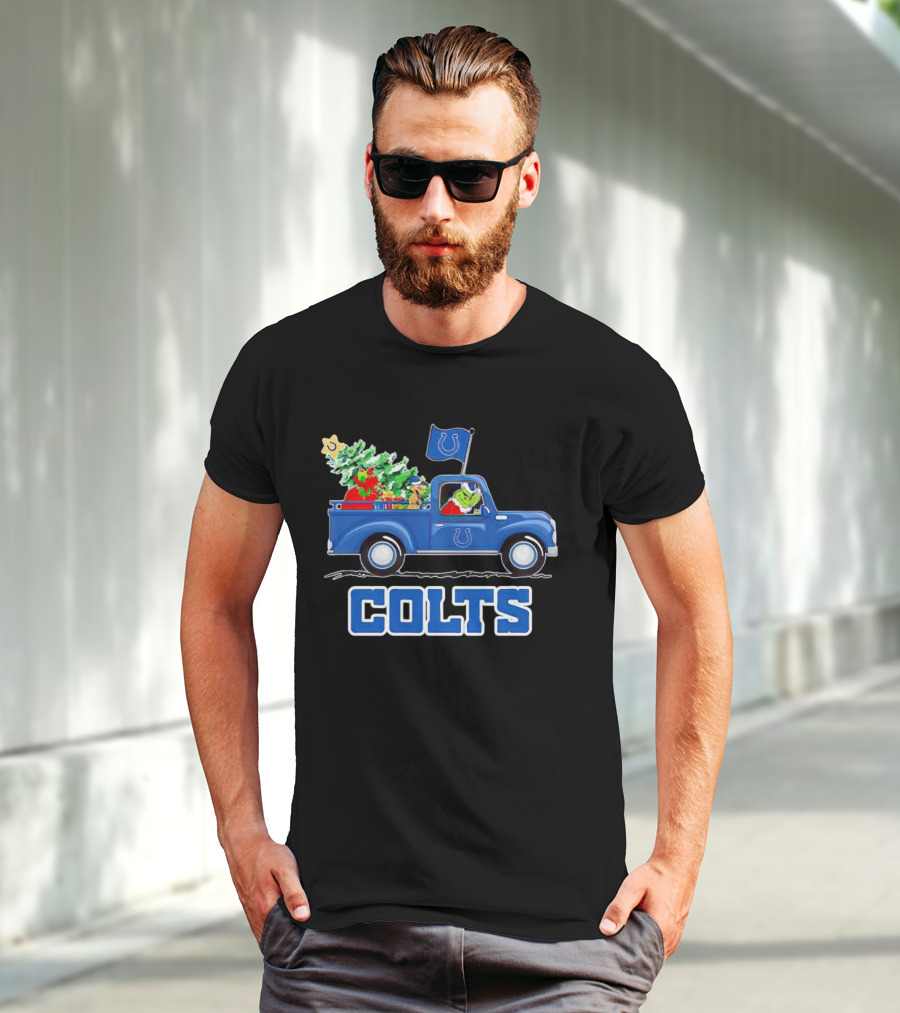 Grinch Driving Christmas Truck With Indianapolis Colts Logo And Tree T-Shirt