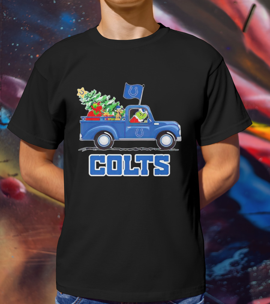 Grinch Driving Christmas Truck With Indianapolis Colts Logo And Tree T-Shirt