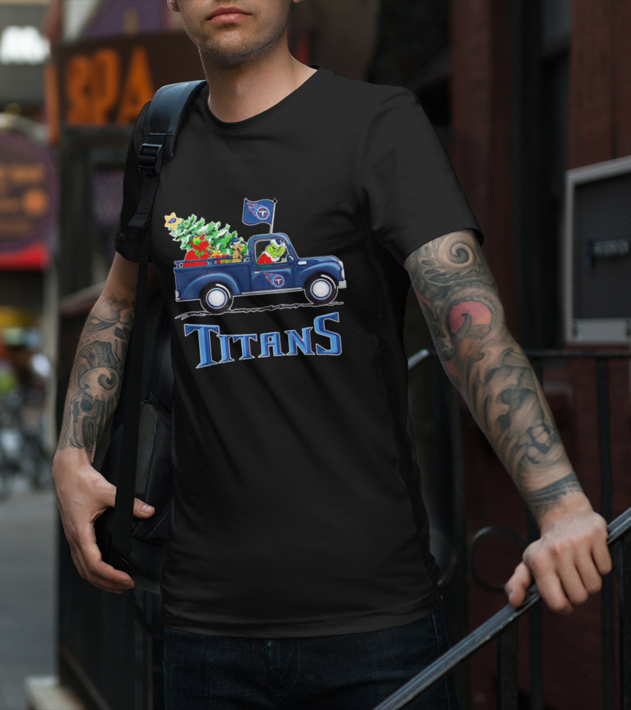 Grinch Driving Christmas Tree Truck Tennessee Titans Holiday Spirit T-Shirt