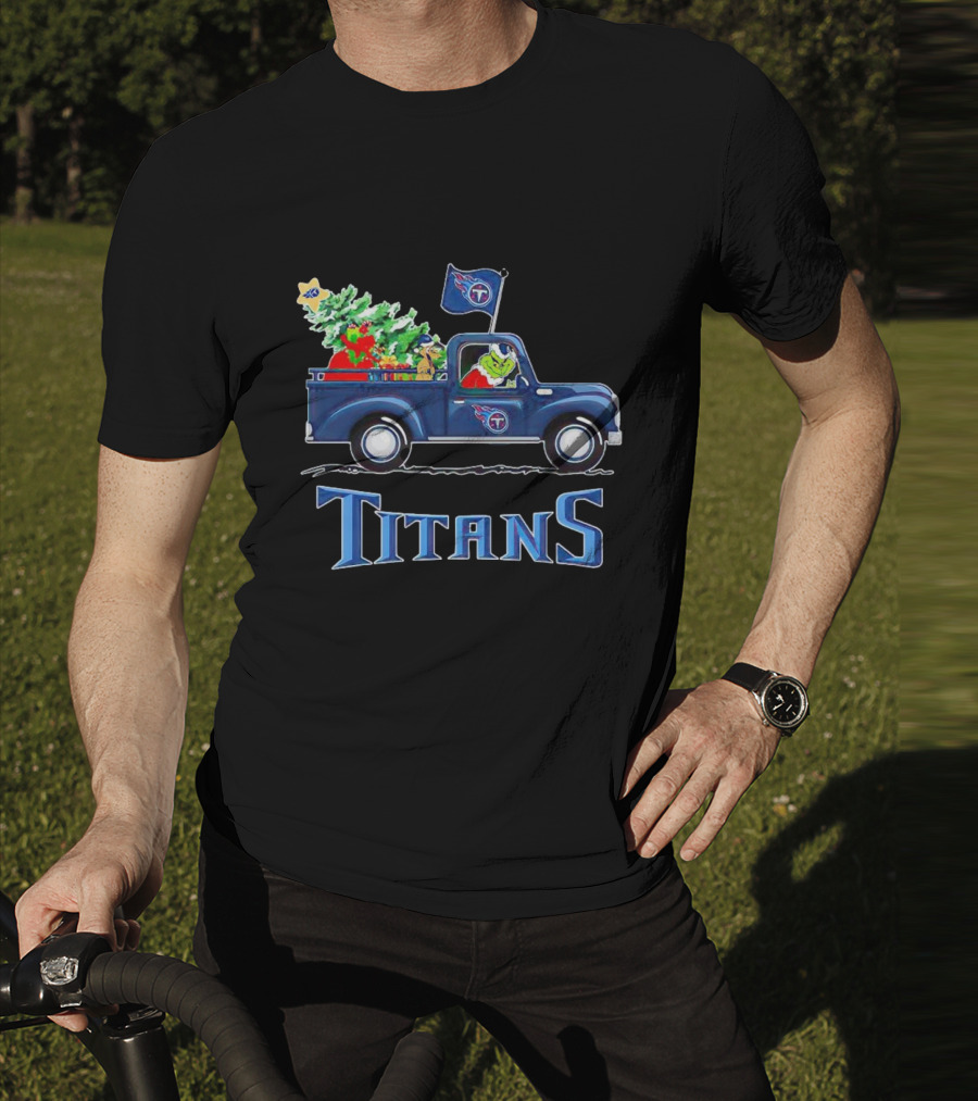 Grinch Driving Christmas Tree Truck Tennessee Titans Holiday Spirit T-Shirt