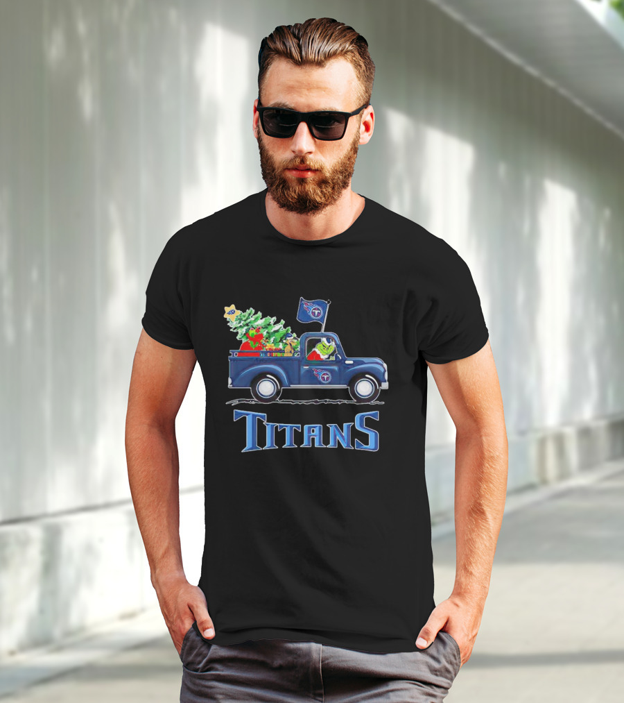 Grinch Driving Christmas Tree Truck Tennessee Titans Holiday Spirit T-Shirt