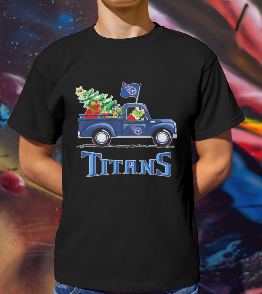 Grinch Driving Christmas Tree Truck Tennessee Titans Holiday Spirit T-Shirt