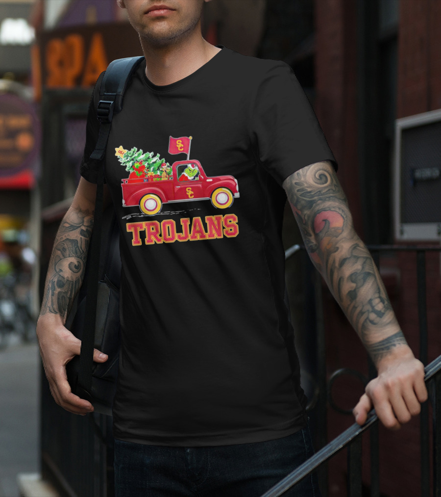 Grinch Driving Red Truck With Christmas Tree USC Trojans T-Shirt