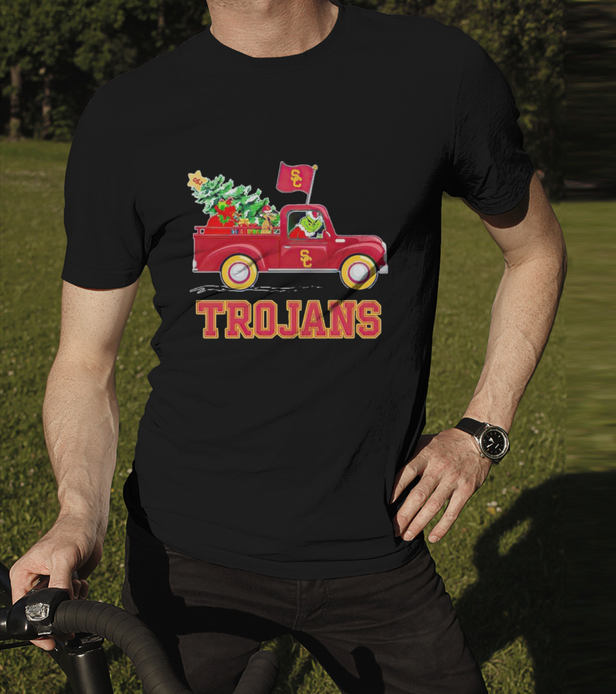Grinch Driving Red Truck With Christmas Tree USC Trojans T-Shirt