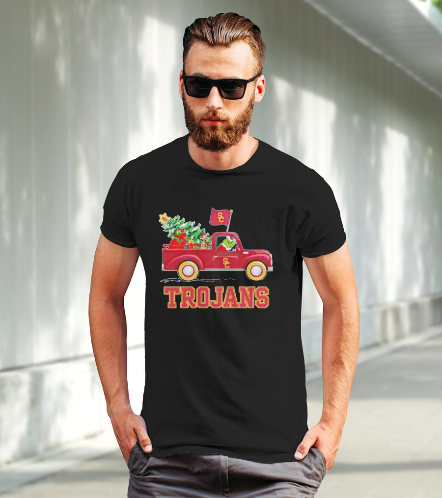 Grinch Driving Red Truck With Christmas Tree USC Trojans T-Shirt