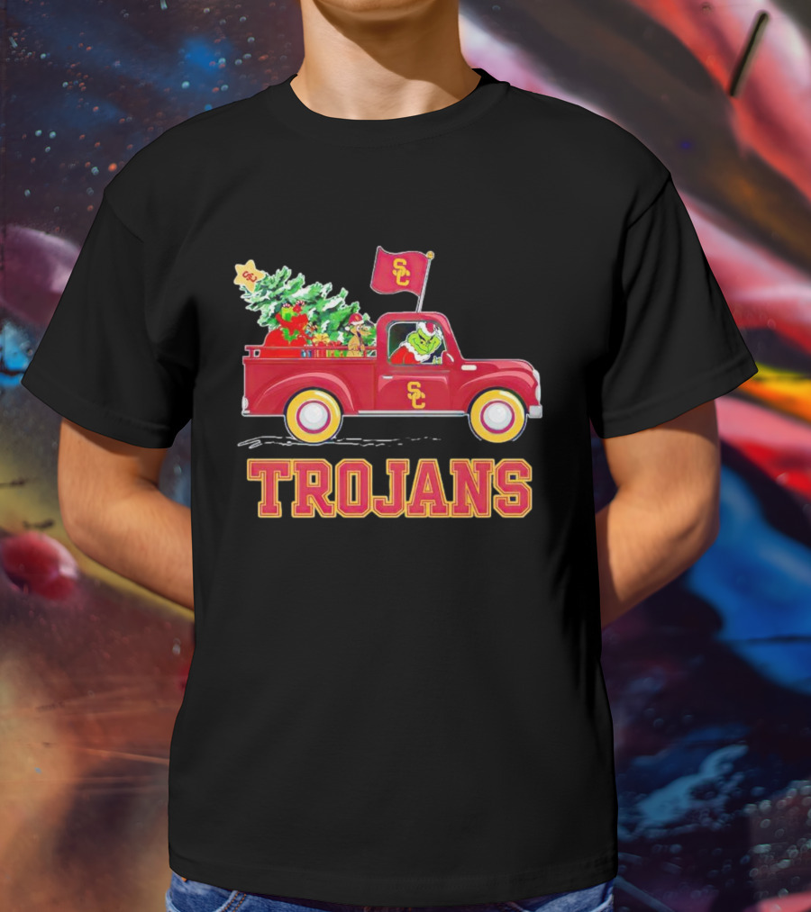 Grinch Driving Red Truck With Christmas Tree USC Trojans T-Shirt