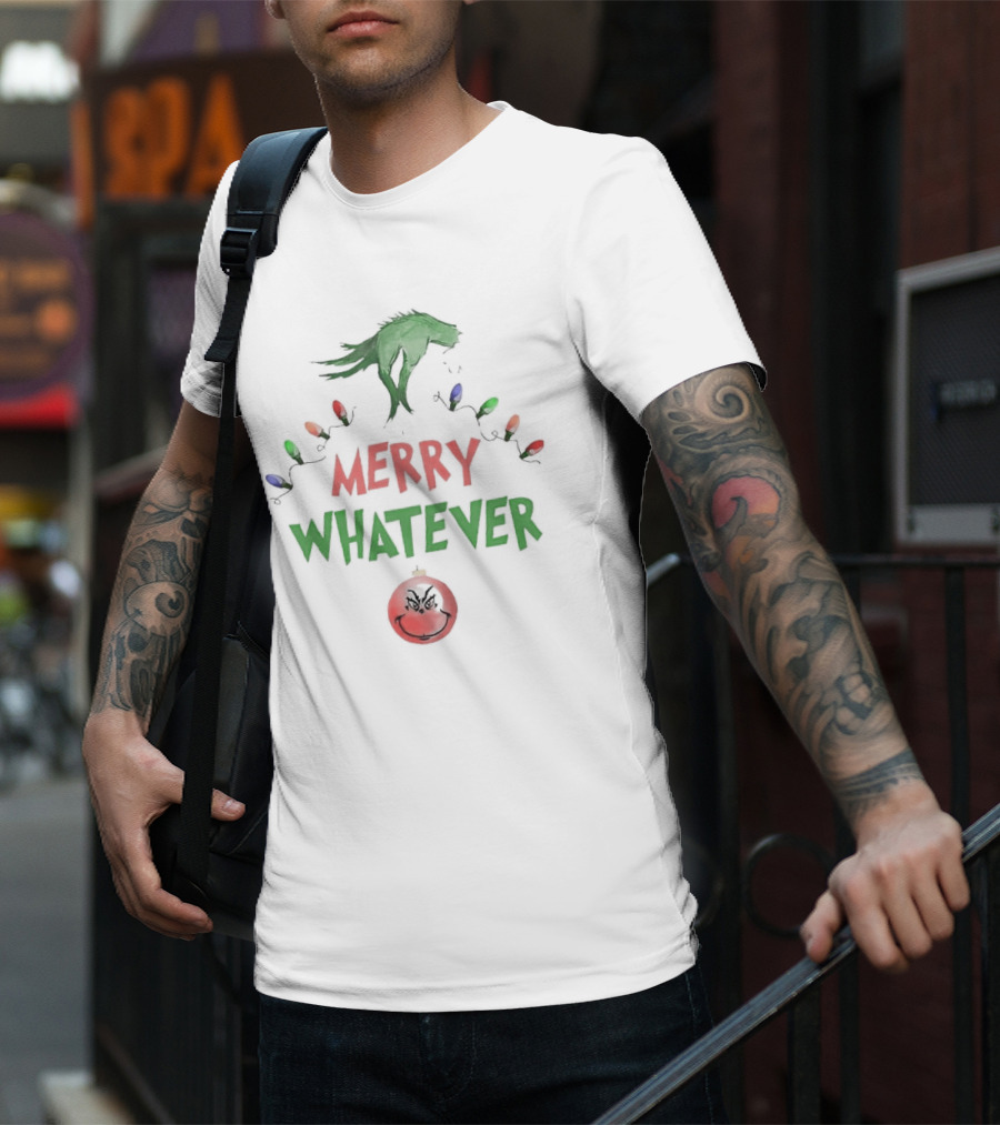 Grinch Hand Holding Christmas Lights Merry Whatever Christmas T-Shirt
