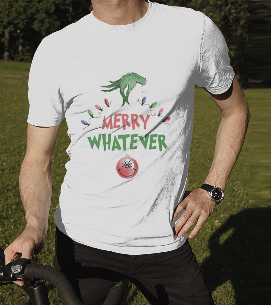 Grinch Hand Holding Christmas Lights Merry Whatever Christmas T-Shirt