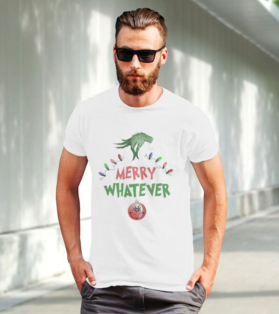 Grinch Hand Holding Christmas Lights Merry Whatever Christmas T-Shirt