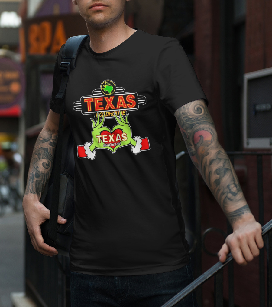 Grinch Hands Holding Heart Texas Roadhouse Christmas T-Shirt