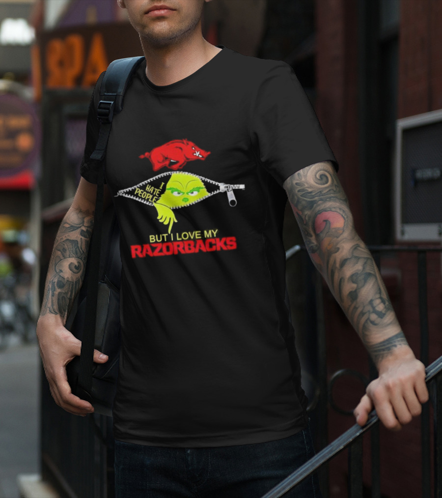 Grinch Zipper I Hate People But I Love My Razorbacks Arkansas Razorbacks T-Shirt