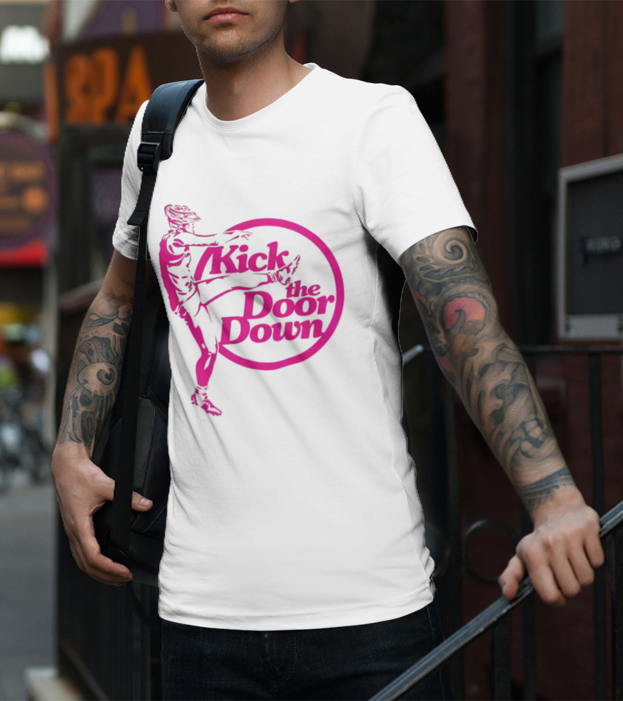 Kick The Door Down Pink Circle Footballer Kicker T-Shirt