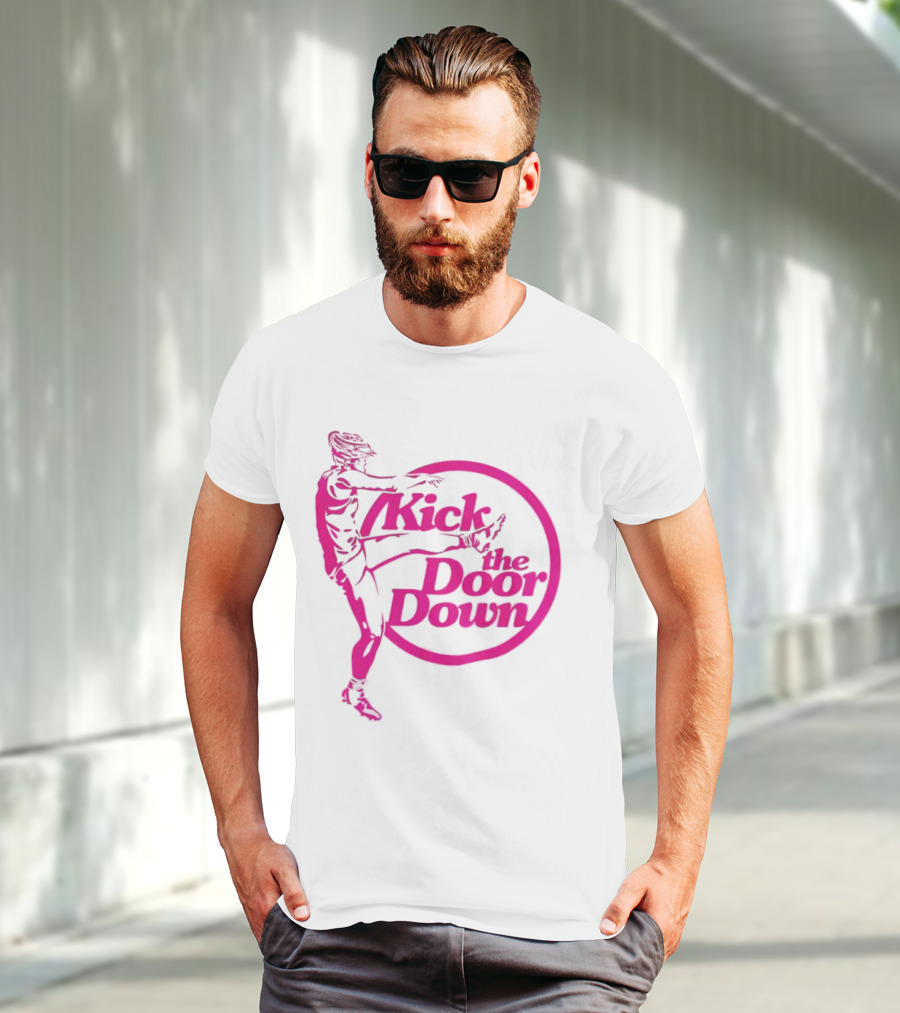 Kick The Door Down Pink Circle Footballer Kicker T-Shirt