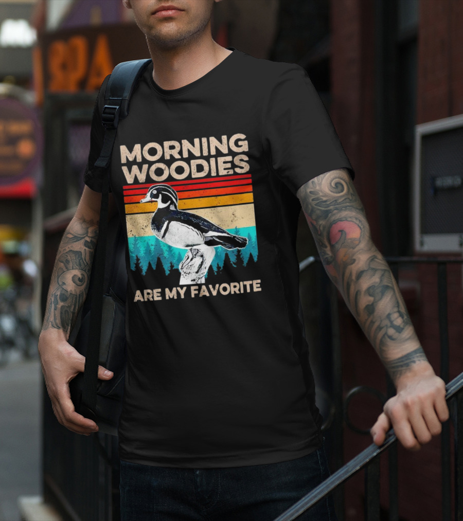 Morning Woodies Are My Favorite Vintage Duck Silhouette Retro Stripes Forest Pines T-Shirt