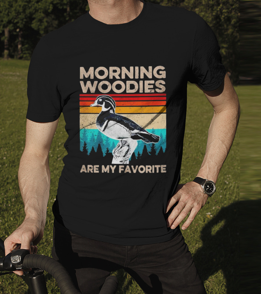 Morning Woodies Are My Favorite Vintage Duck Silhouette Retro Stripes Forest Pines T-Shirt