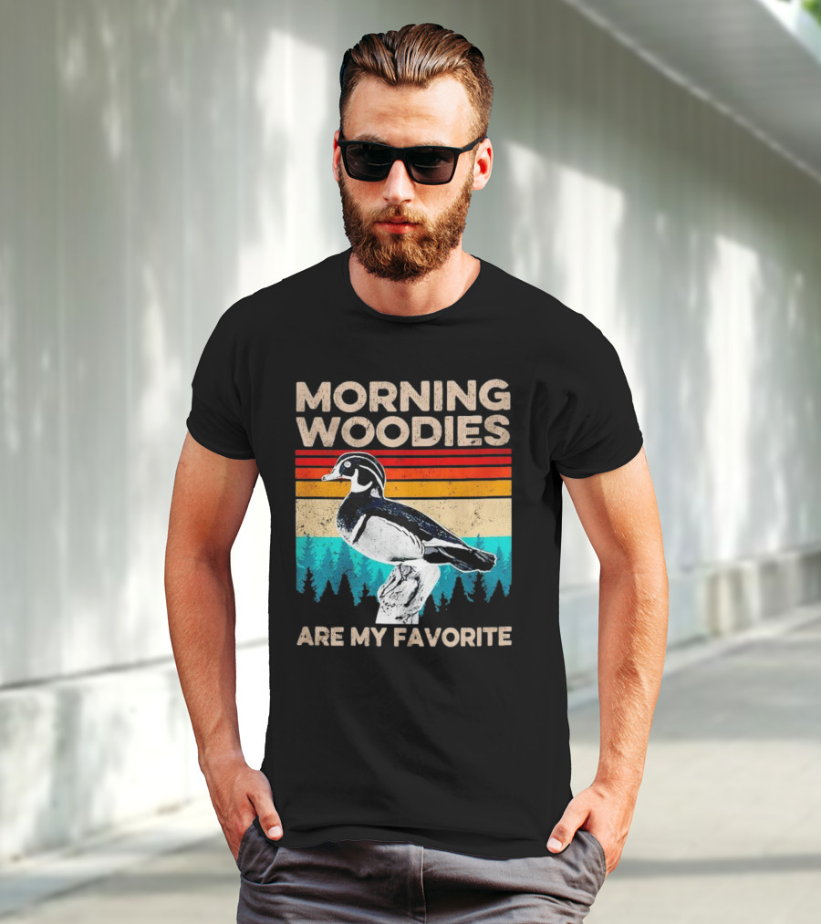Morning Woodies Are My Favorite Vintage Duck Silhouette Retro Stripes Forest Pines T-Shirt