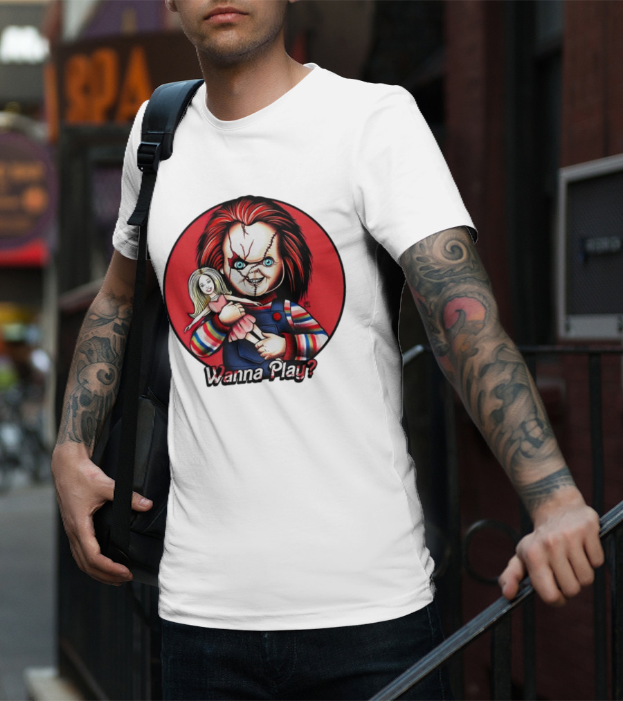 Chucky Holding Doll With Wanna Play? Text In Red Circle T-Shirt