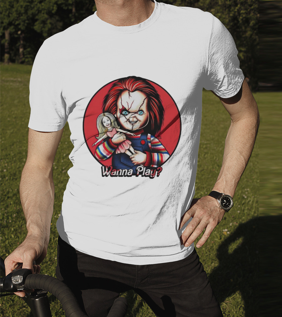 Chucky Holding Doll With Wanna Play? Text In Red Circle T-Shirt