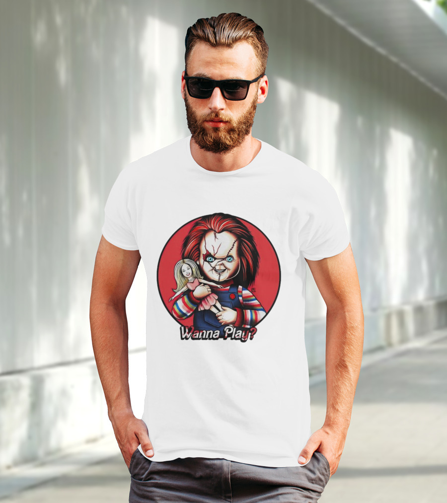 Chucky Holding Doll With Wanna Play? Text In Red Circle T-Shirt