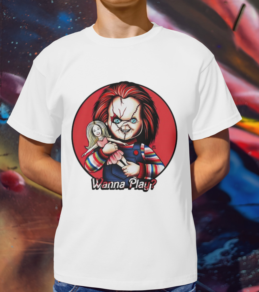 Chucky Holding Doll With Wanna Play? Text In Red Circle T-Shirt