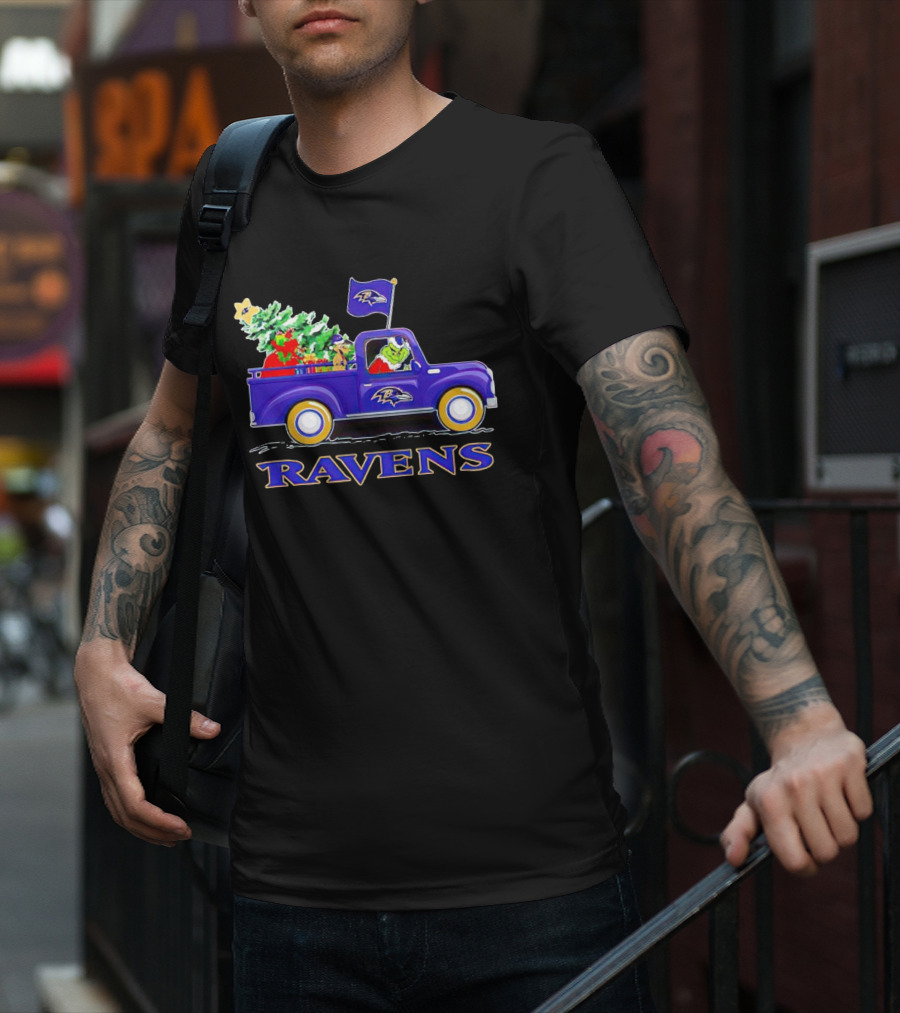 Grinch Driving Baltimore Ravens Christmas Truck T-Shirt