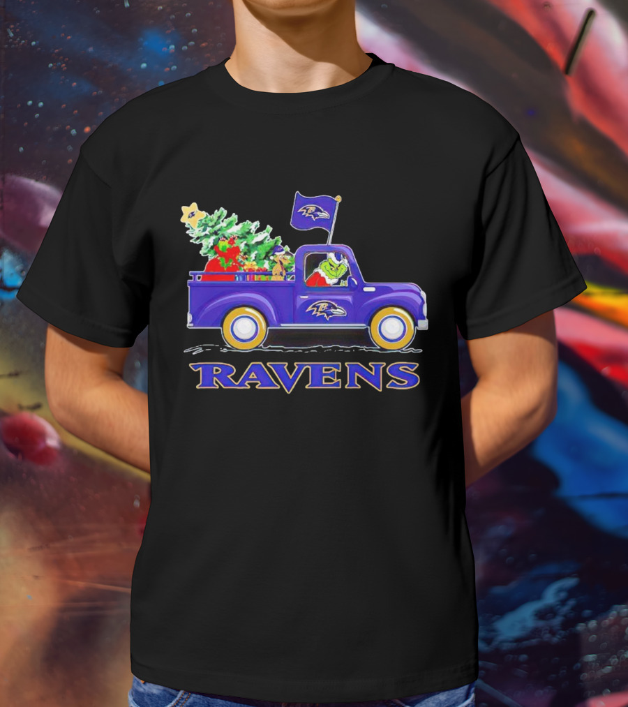 Grinch Driving Baltimore Ravens Christmas Truck T-Shirt