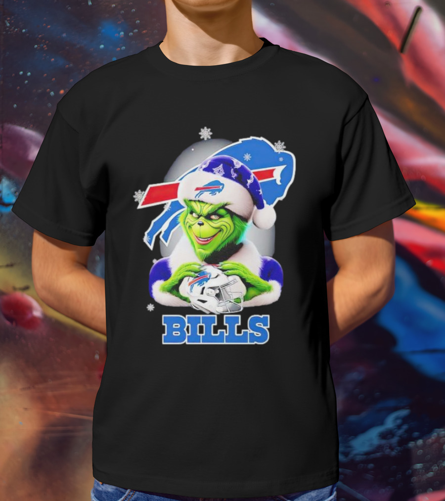 Grinch Love Buffalo Bills Christmas Santa Hat Snowflakes T-Shirt