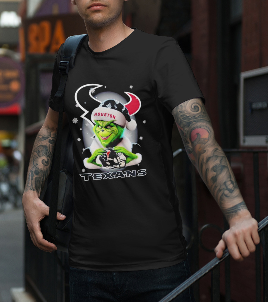 Grinch Houston Texans Christmas Football Holiday Snowflakes T-Shirt