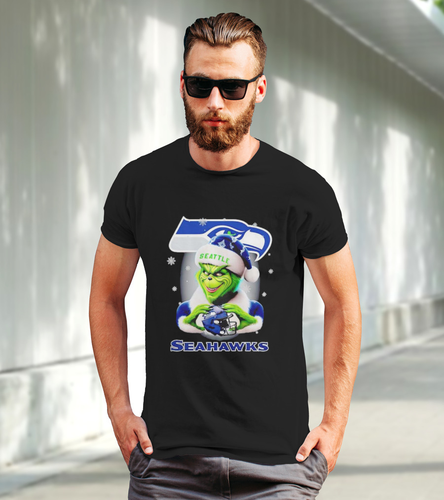 Seattle Seahawks Christmas Grinch Holding Football Helmet T-Shirt