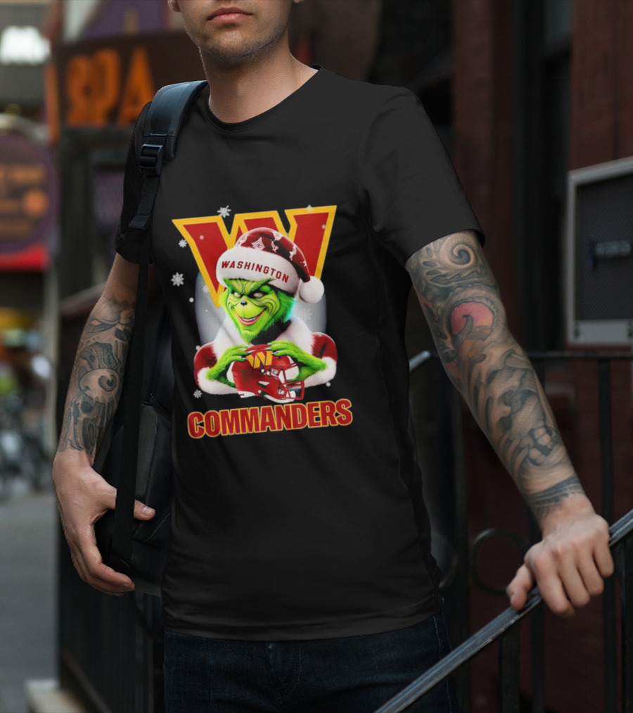Washington Commanders Christmas Grinch In Santa Hat With Helmet T-Shirt