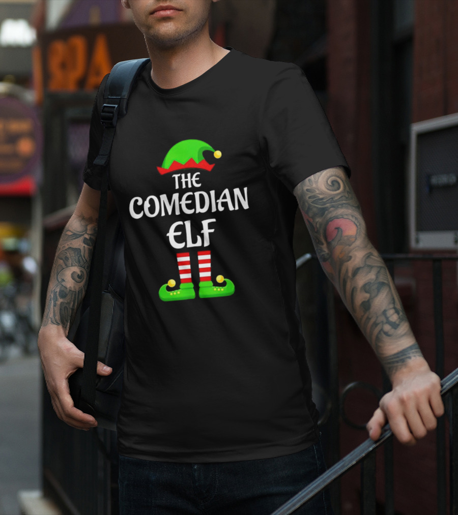 The Comedian Elf Funny Christmas Striped Stockings And Hat T-Shirt