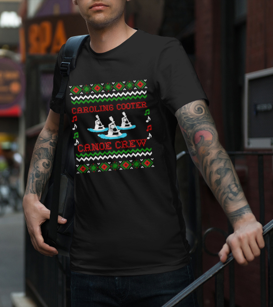 Caroling Cooter Canoe Crew Festive Holiday Pattern With Music Notes And Canoe T-Shirt