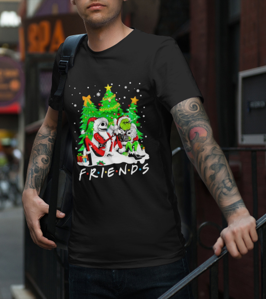 Friends Jack Skellington And Grinch Christmas Scene With Santa Outfits And Christmas Trees T-Shirt