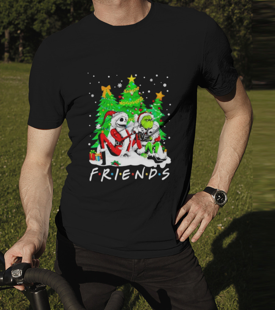 Friends Jack Skellington And Grinch Christmas Scene With Santa Outfits And Christmas Trees T-Shirt