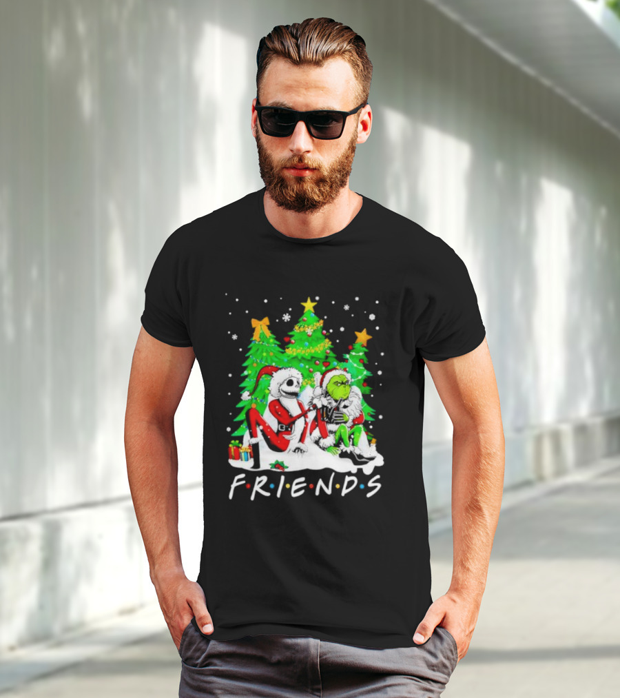 Friends Jack Skellington And Grinch Christmas Scene With Santa Outfits And Christmas Trees T-Shirt