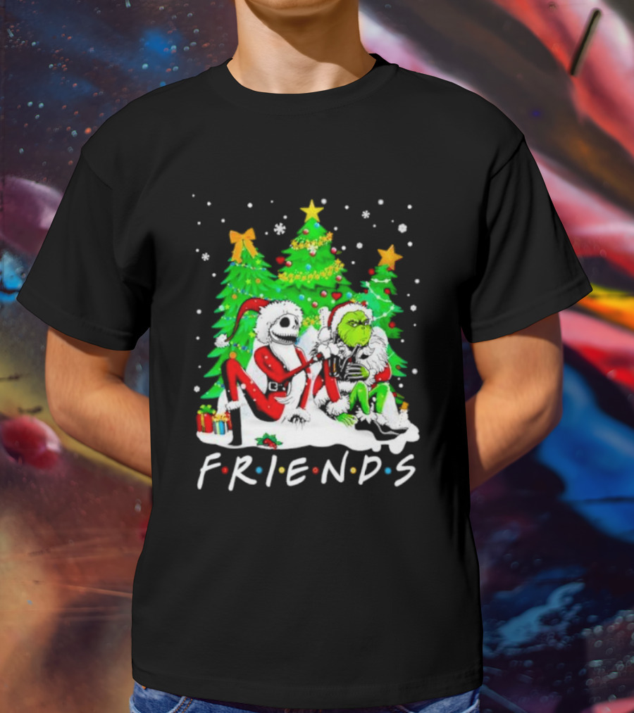 Friends Jack Skellington And Grinch Christmas Scene With Santa Outfits And Christmas Trees T-Shirt