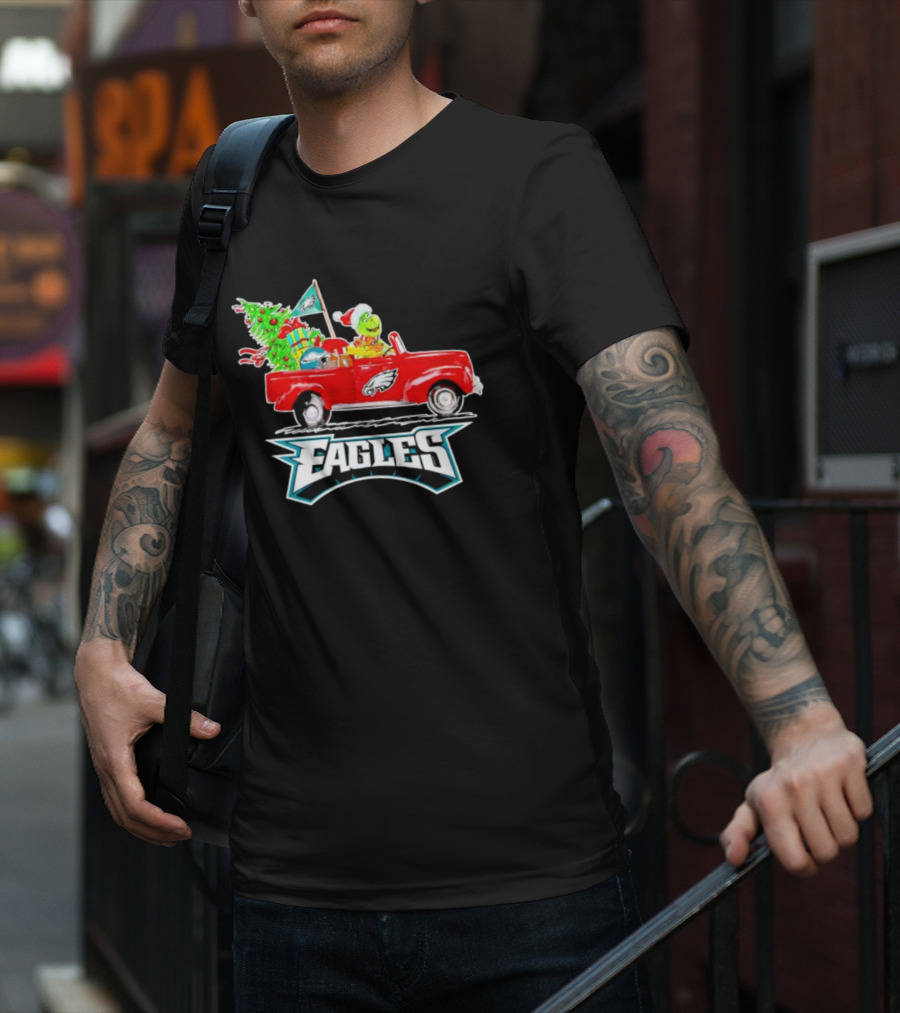 Grinch Dog Driving Red Truck Philadelphia Eagles Christmas Tree T-Shirt